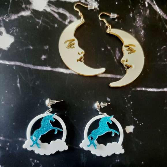 Whimsical Moon Unicorn Sparkle Earrings! 2 Pairs - Picture 3 of 5